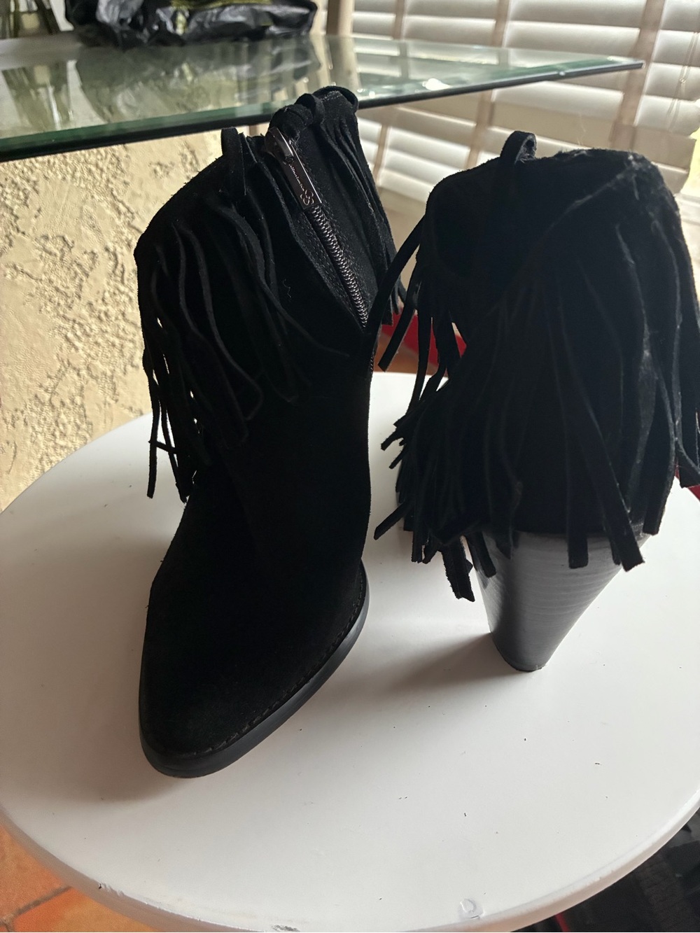 Black Fringe Suede Ankle Boots - Women's Fashion Boots - Picture 4 of 6